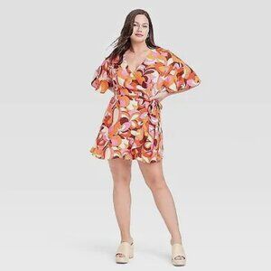 NWT Women's Tie Waist Romper - Ava & Viv Orange